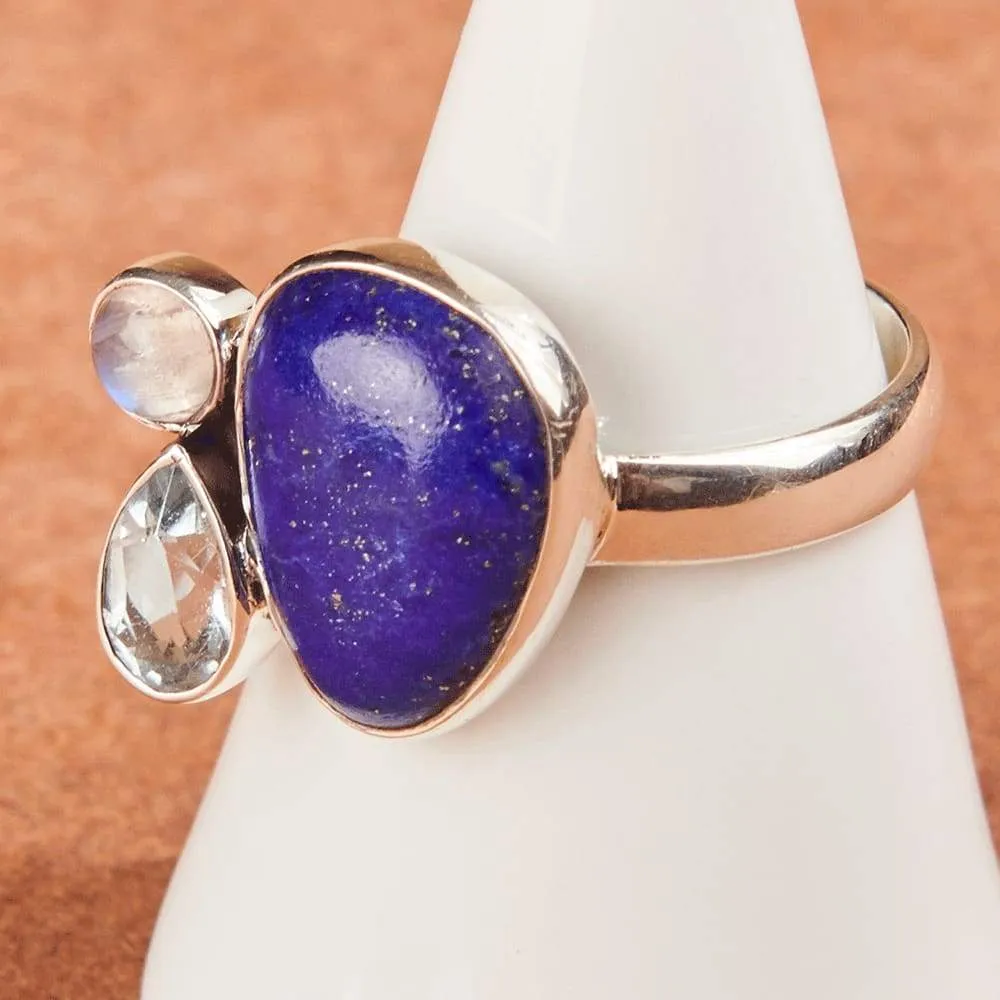 Natural Lapis Lazuli Ring, Fancy Cabochon Ring, Blue Topaz, Rainbow Moonstone 925 Sterling Silver Ring, Semi Precious Stone Ring, Nickle Free, Handmade Jewelry