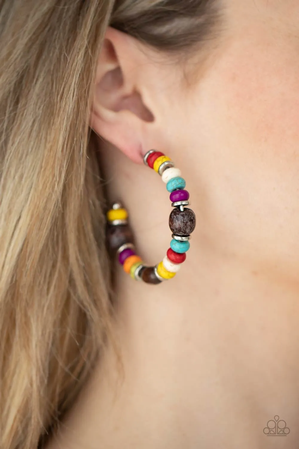 Paparazzi Definitely Down-To-Earth - Multi Wooden Hoops Earrings