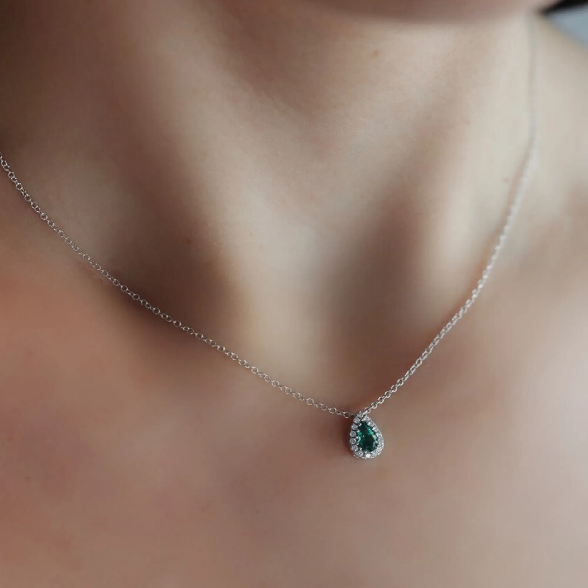 Pear Shaped Emerald & Diamond Halo Necklace