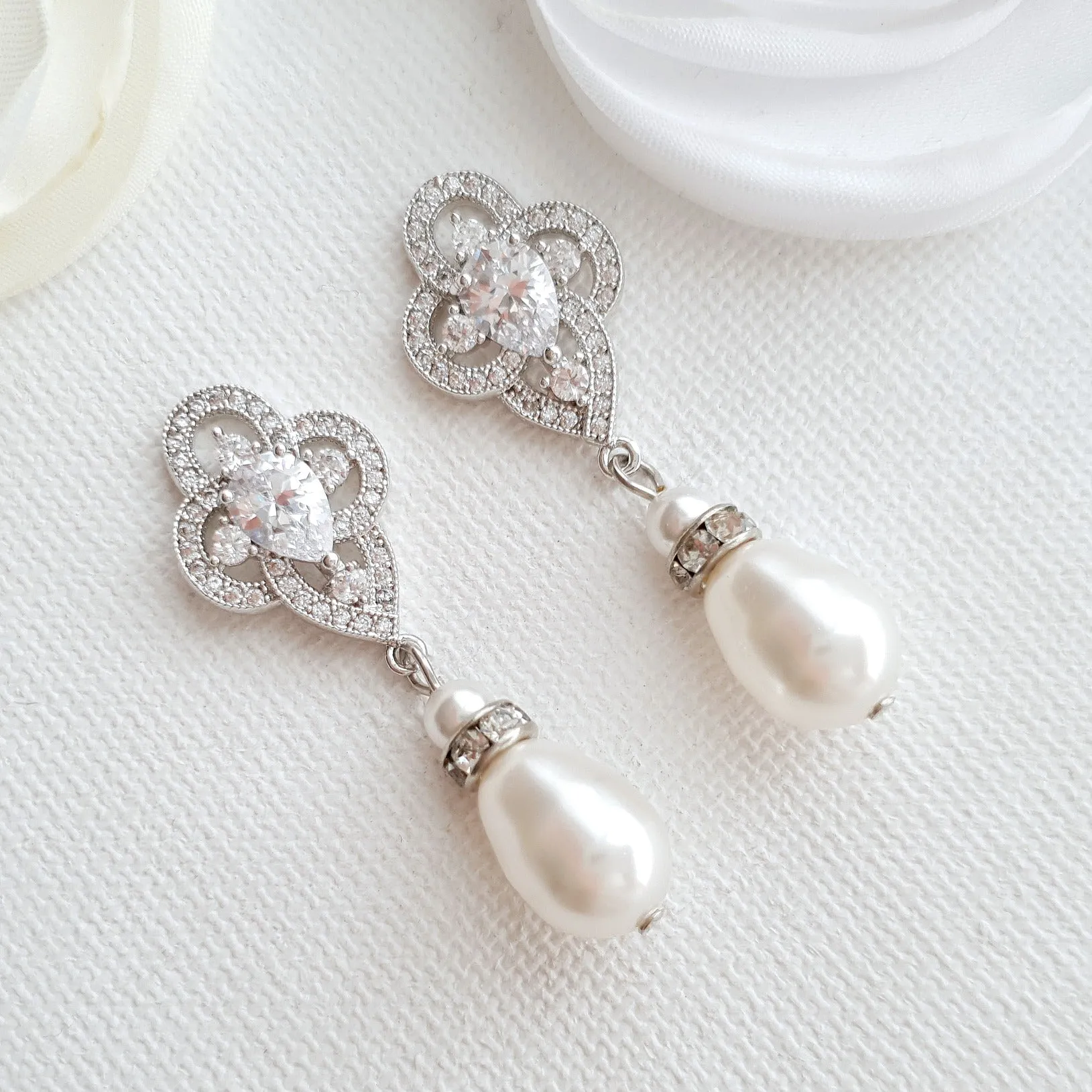 Pearl Drop Earrings, Bridal Earrings, Crystal Wedding Earrings, Bridesmaids Earrings, CZ Pearl Earrings, Pearl Wedding Jewelry, Mabel