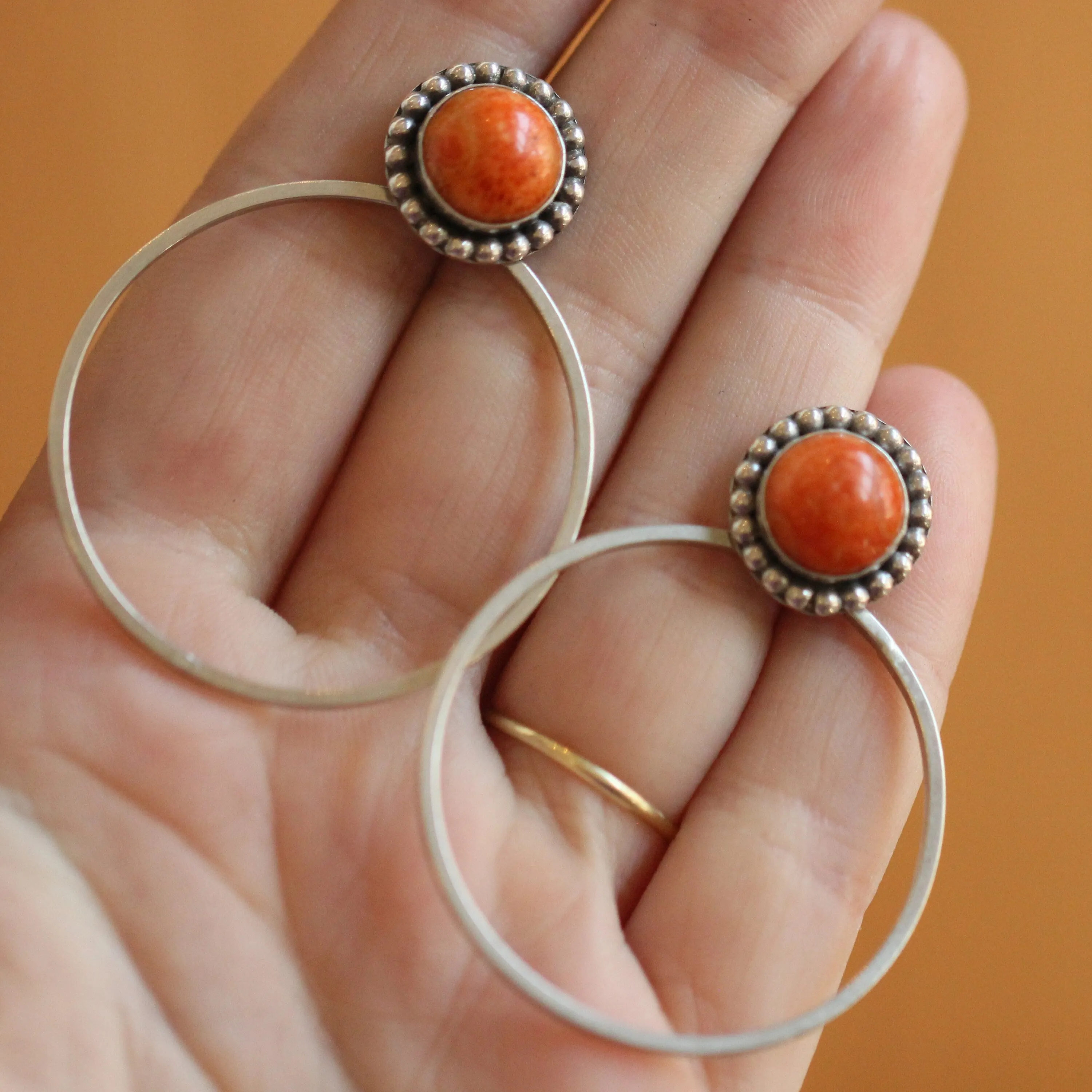 Ready to Ship - Sponge Coral Hoops - Red Coral Beaded Post Hoops - Silversmith Earrings