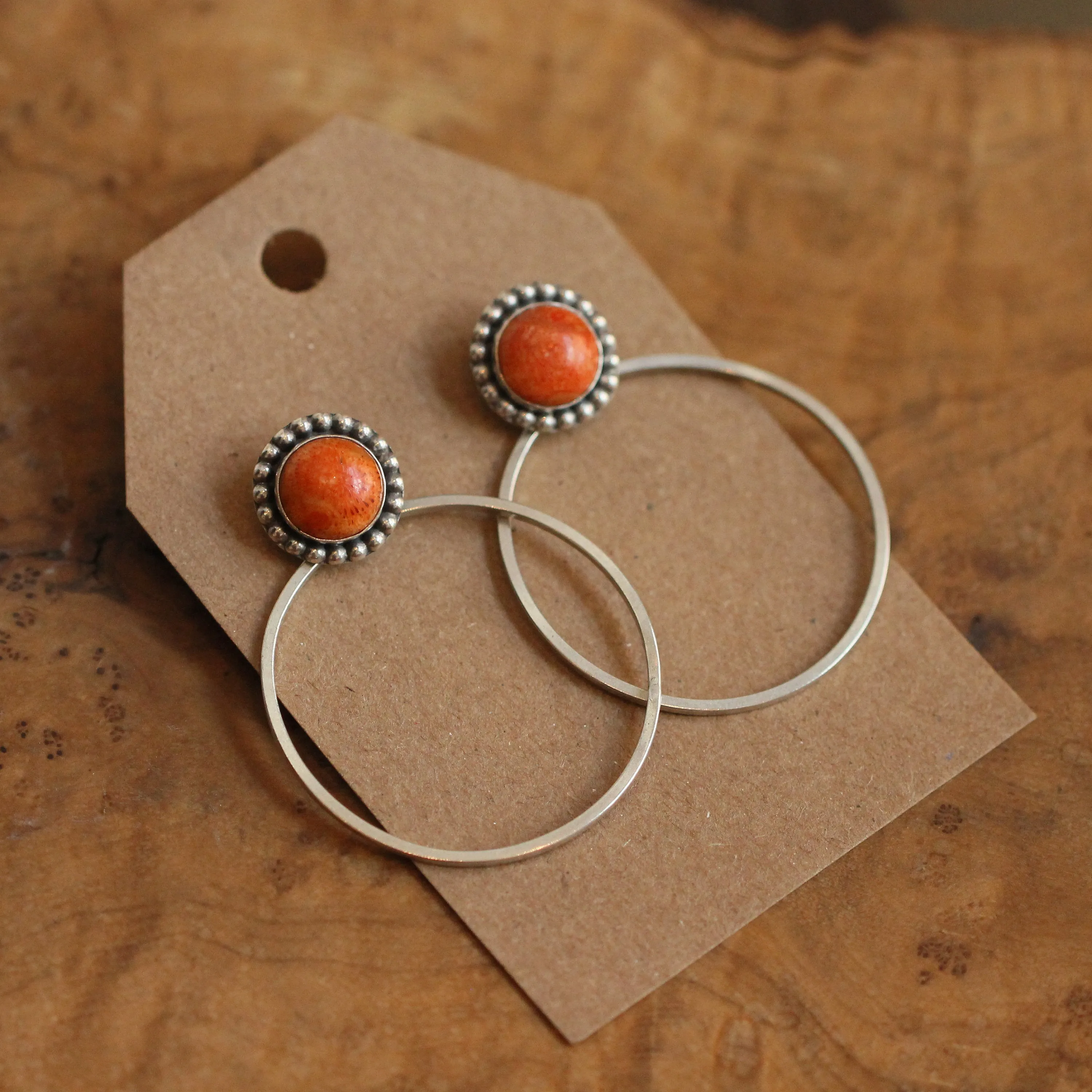 Ready to Ship - Sponge Coral Hoops - Red Coral Beaded Post Hoops - Silversmith Earrings