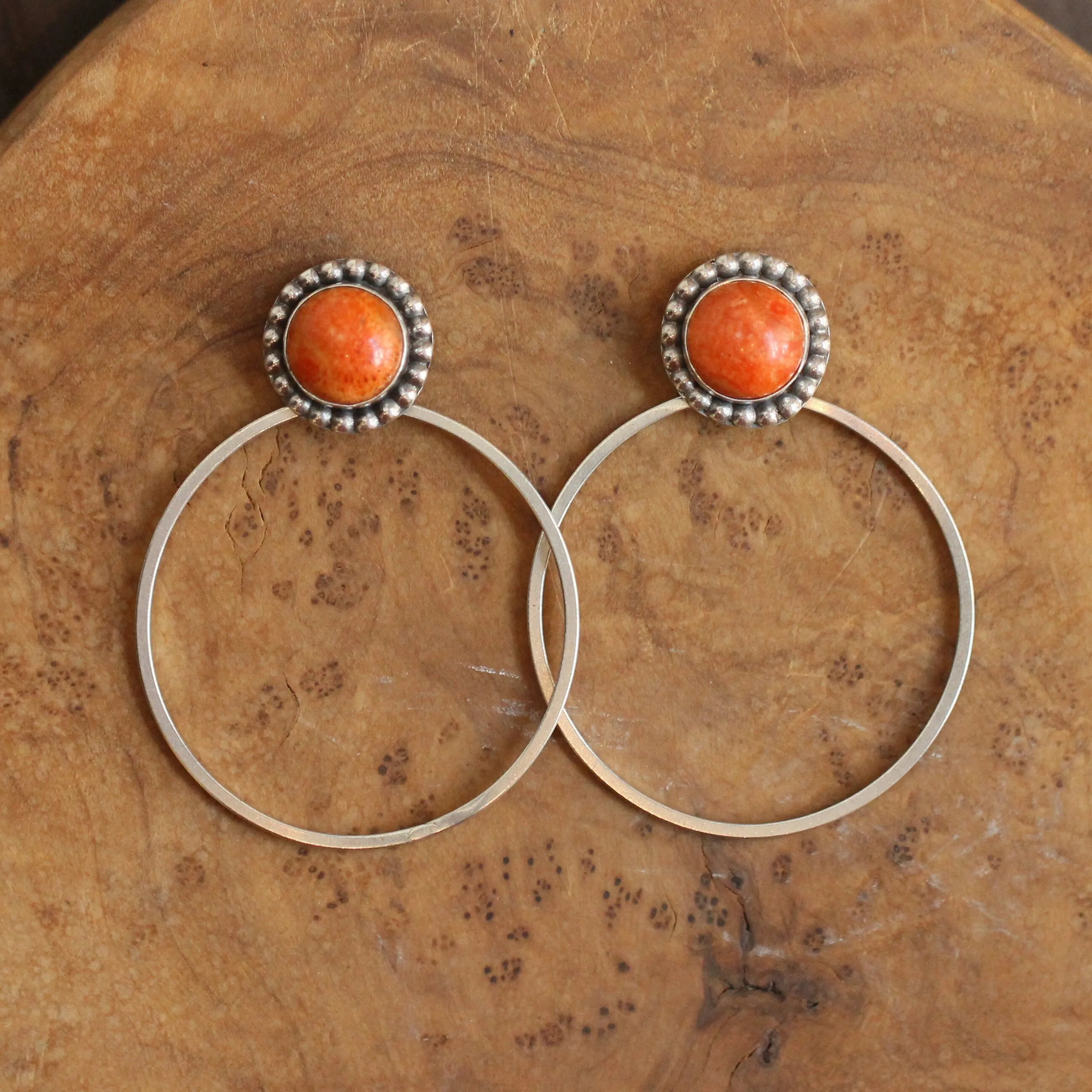 Ready to Ship - Sponge Coral Hoops - Red Coral Beaded Post Hoops - Silversmith Earrings