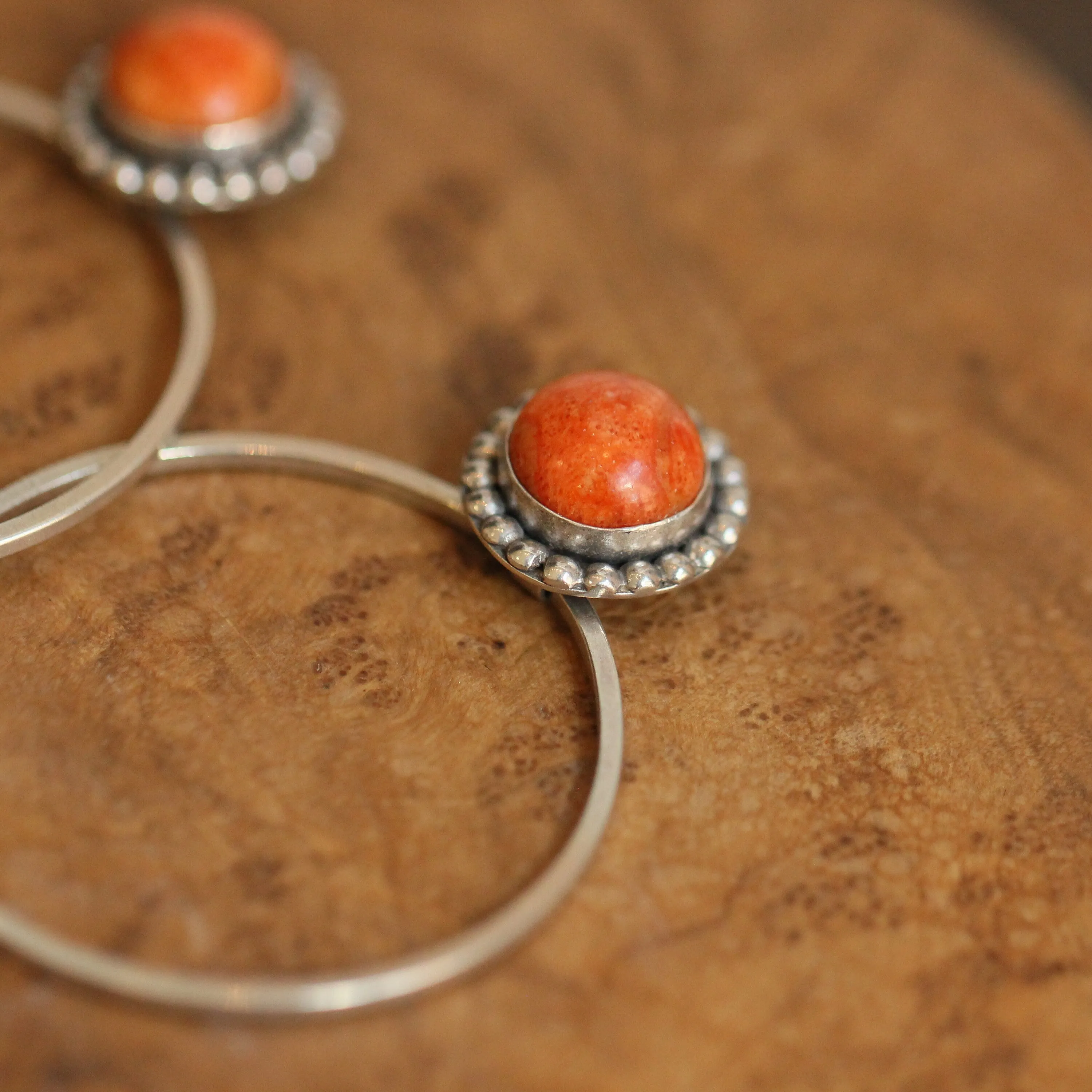 Ready to Ship - Sponge Coral Hoops - Red Coral Beaded Post Hoops - Silversmith Earrings