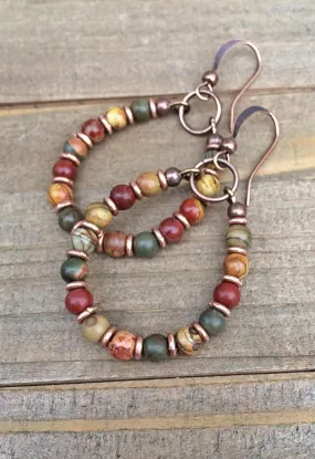 Red Creek Jasper Earrings, Bohemian Earrings, Boho Hoop Earrings, Colorful Earrings