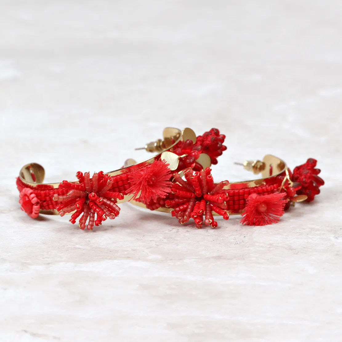 Red Floral Hoop Earrings