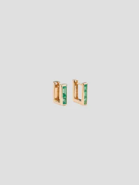 Rose Gold Chubby Square Huggie Earrings w/ Emerald Baguettes