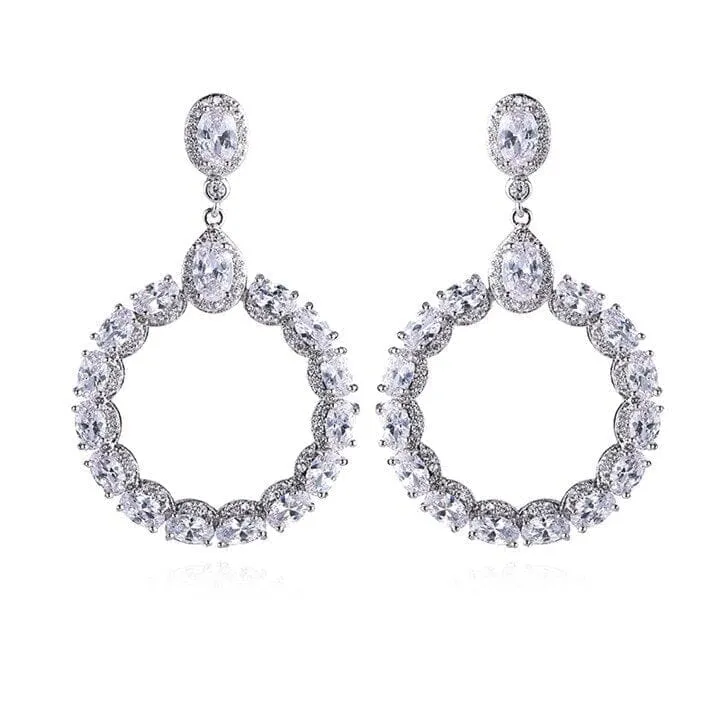 Round Flower CZ Crystal Dangle Earrings