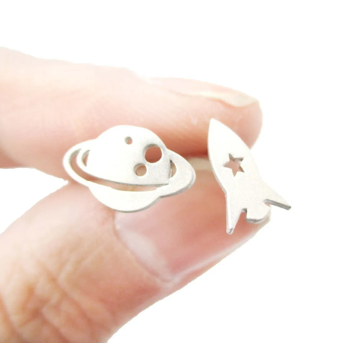 Saturn Rocket Silhouette Shaped Space Themed Stud Earrings in Silver | Allergy Free