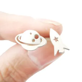 Saturn Rocket Silhouette Shaped Space Themed Stud Earrings in Silver | Allergy Free