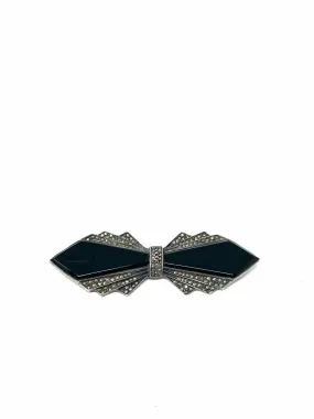 Silver/Black Bow Semi Precious Stone Vintage Jewelry Brooch