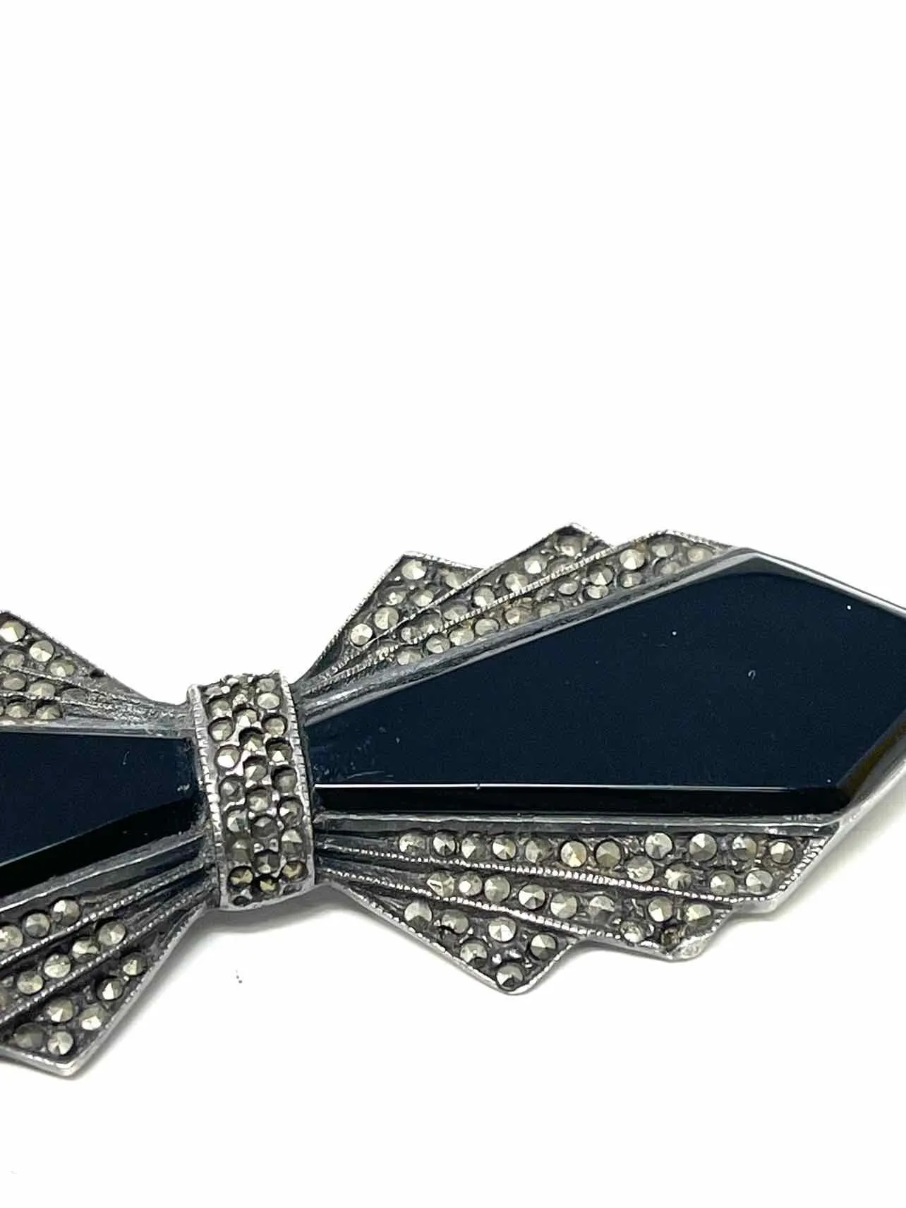 Silver/Black Bow Semi Precious Stone Vintage Jewelry Brooch