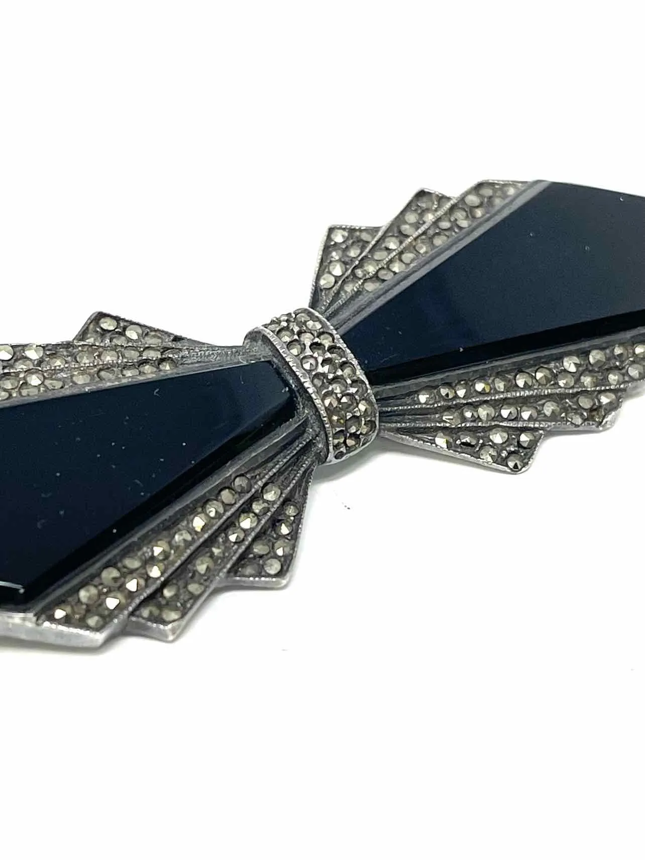 Silver/Black Bow Semi Precious Stone Vintage Jewelry Brooch