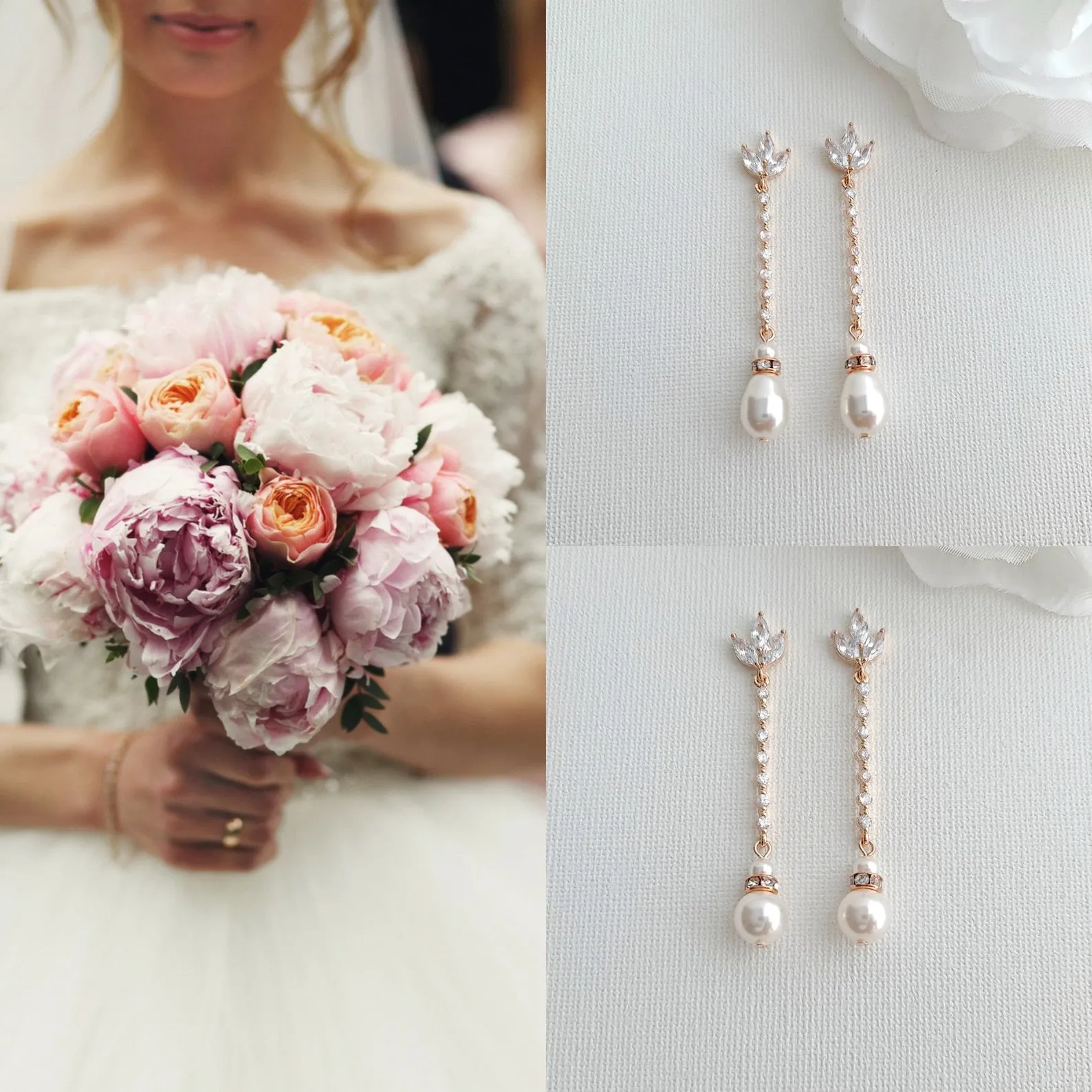 Skinny Long Pearl Drop Earrings in Rose Gold-Jodi