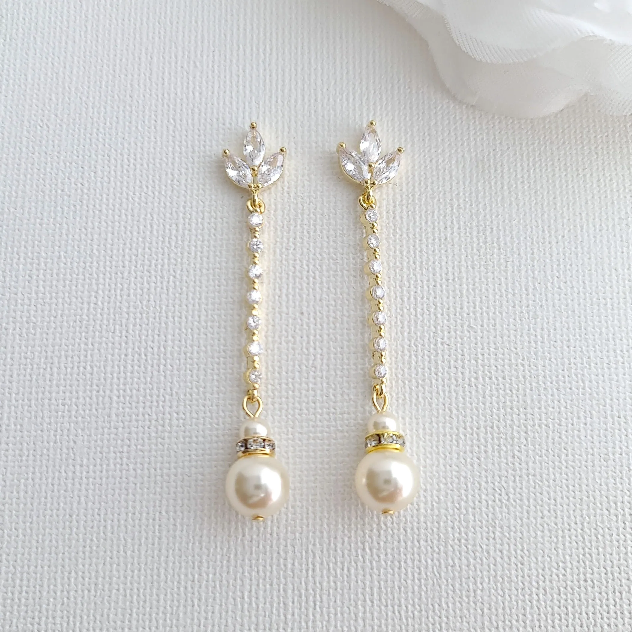 Skinny Long Pearl Drop Earrings in Rose Gold-Jodi