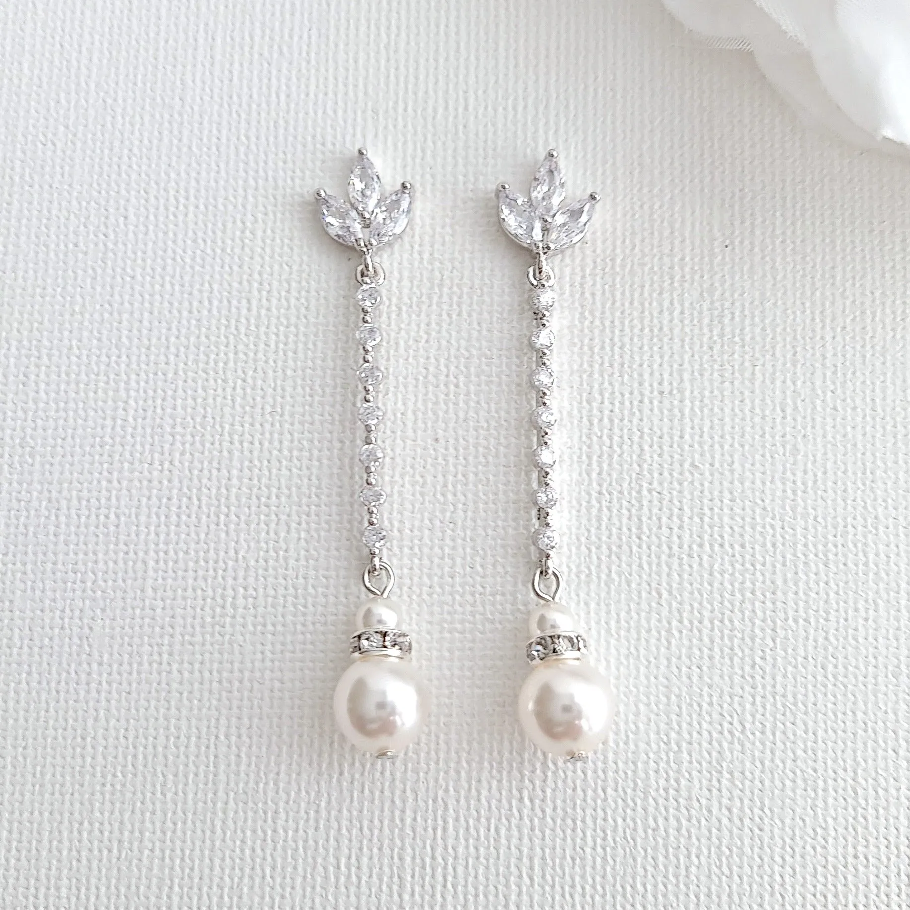 Skinny Long Pearl Drop Earrings in Rose Gold-Jodi