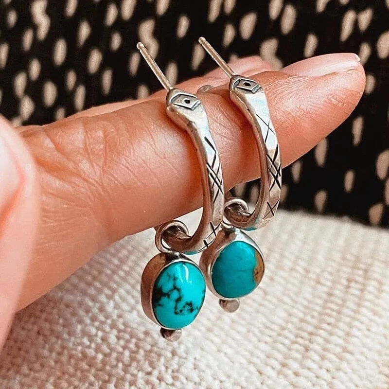 Snake Hoops Huggie Turquoise Dangle Earrings