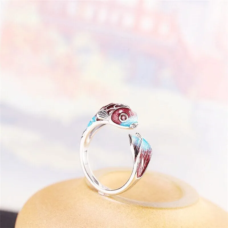 Sole Memory Colored Drip Glaze Carp Fish Good Luck Resizable Ring