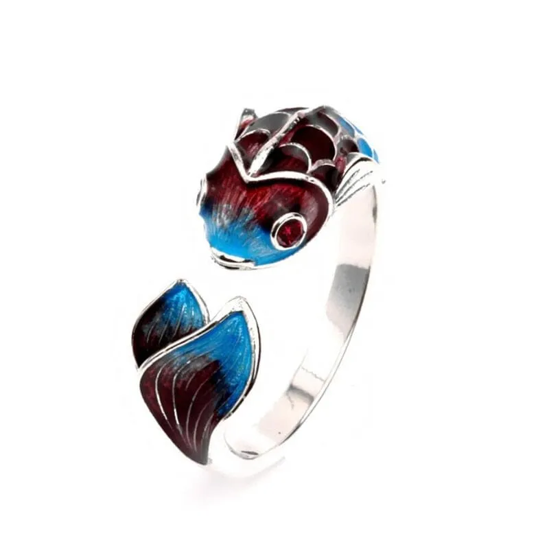 Sole Memory Colored Drip Glaze Carp Fish Good Luck Resizable Ring