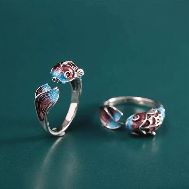 Sole Memory Colored Drip Glaze Carp Fish Good Luck Resizable Ring