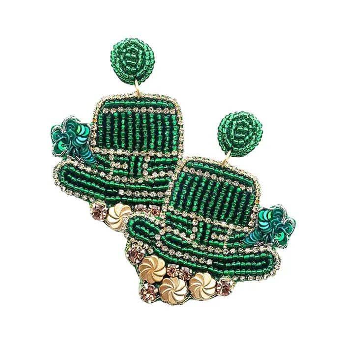 St. Patrick's Day Felt Back Beaded Hat Dangle Earrings