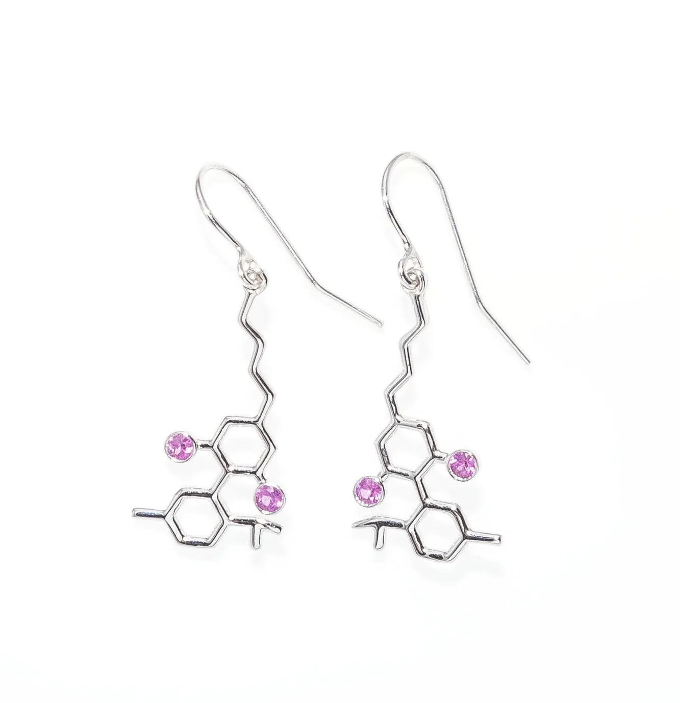 Sterling Silver Molecule Hook Earrings Pink Sapphire Gemstones