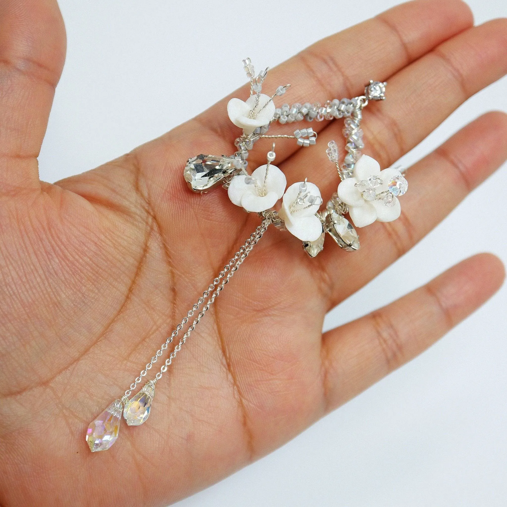 Swarovski Crystal White Floral Long Hoop Earrings, Long Bridal Jewelry, 925 Sterling Silver, Statement Earrings Cz