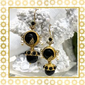 Teramasu Black Onyx Pearl Gold Design Drop Dangle Earrings