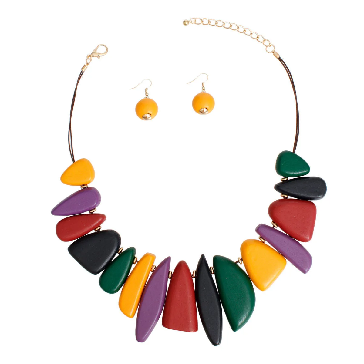 Tribal Wood Bib Necklace Set - Multi-Color