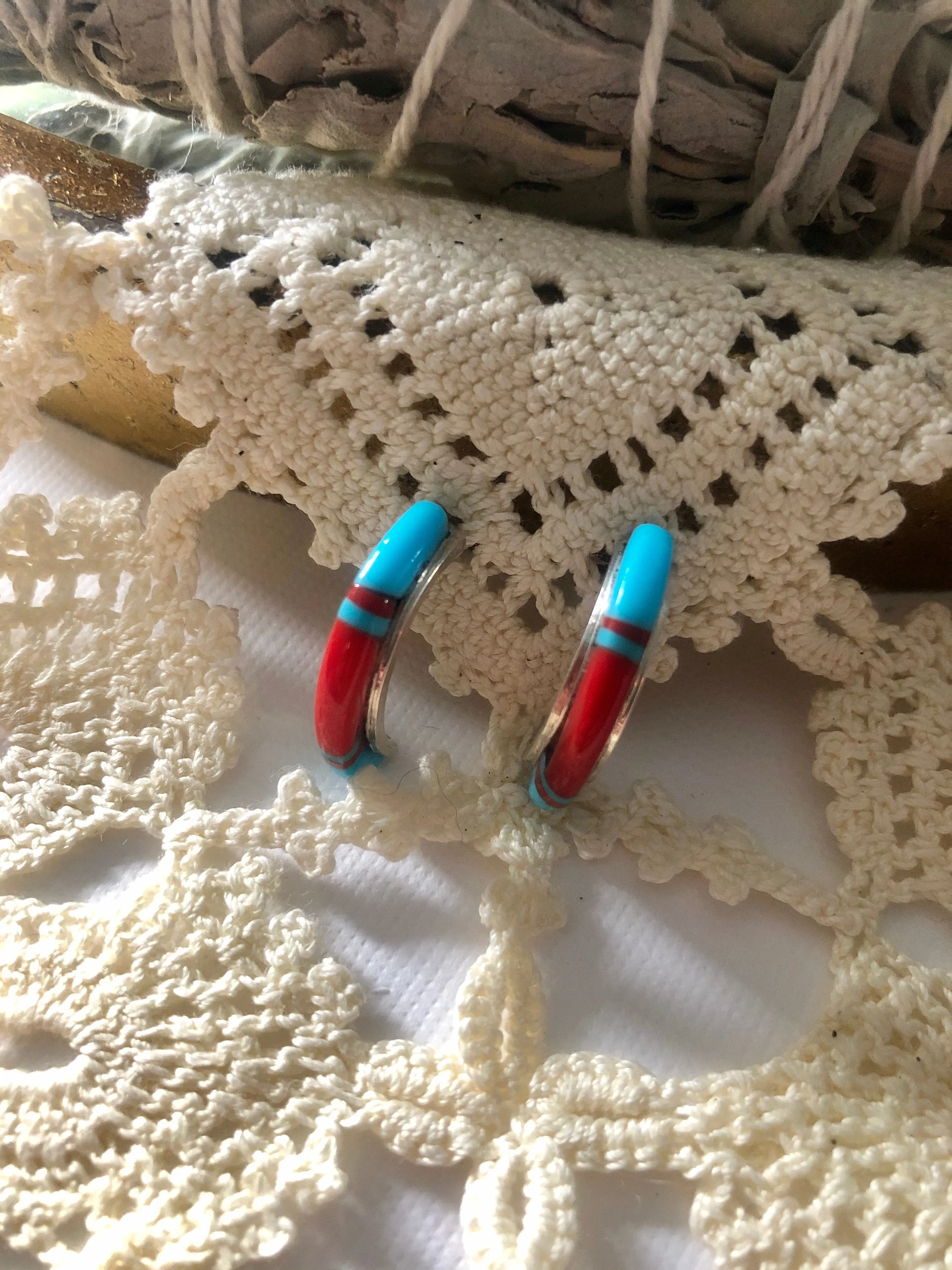 Turquoise & Coral Inlay Half Hoop