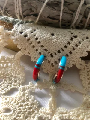 Turquoise & Coral Inlay Half Hoop