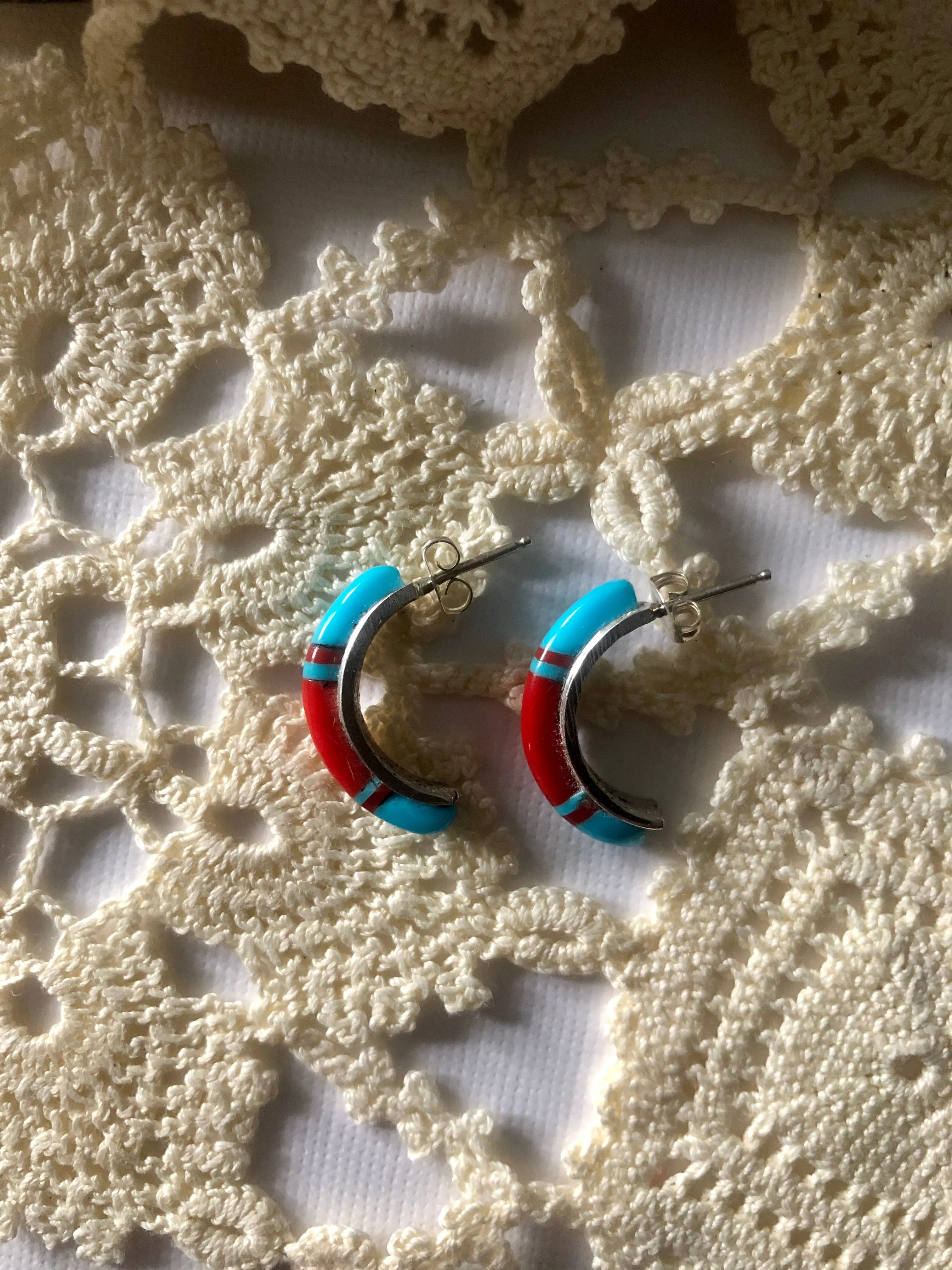 Turquoise & Coral Inlay Half Hoop