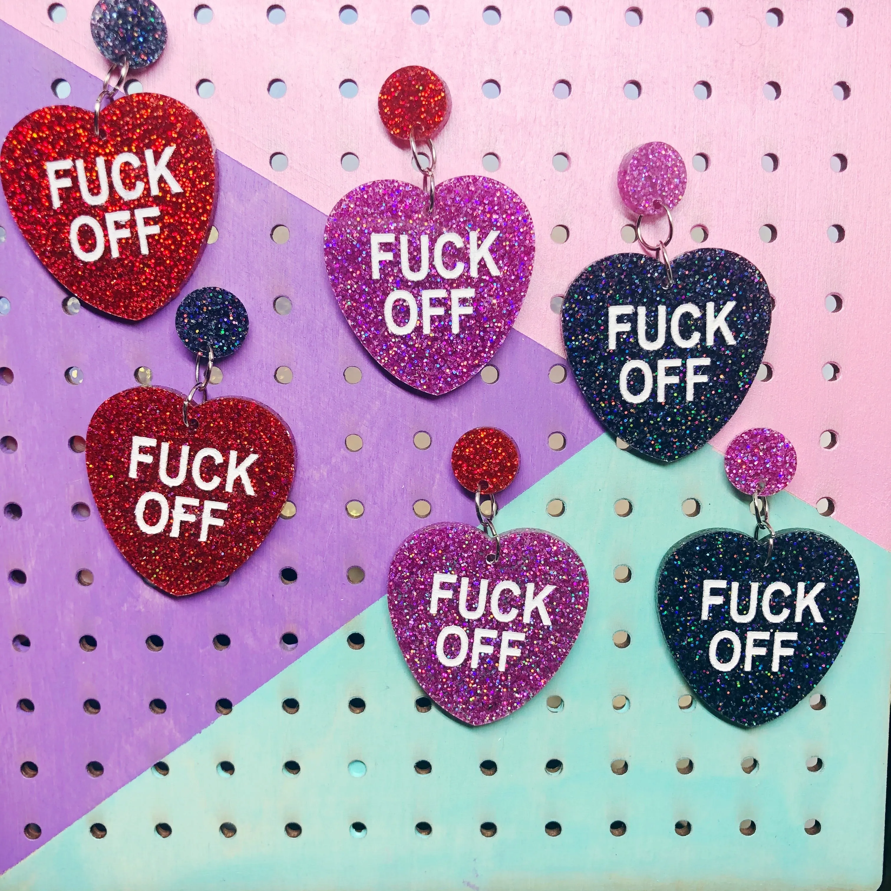 Valentines Day Fuck Off Glitter Heart Conversation Dangle Earrings