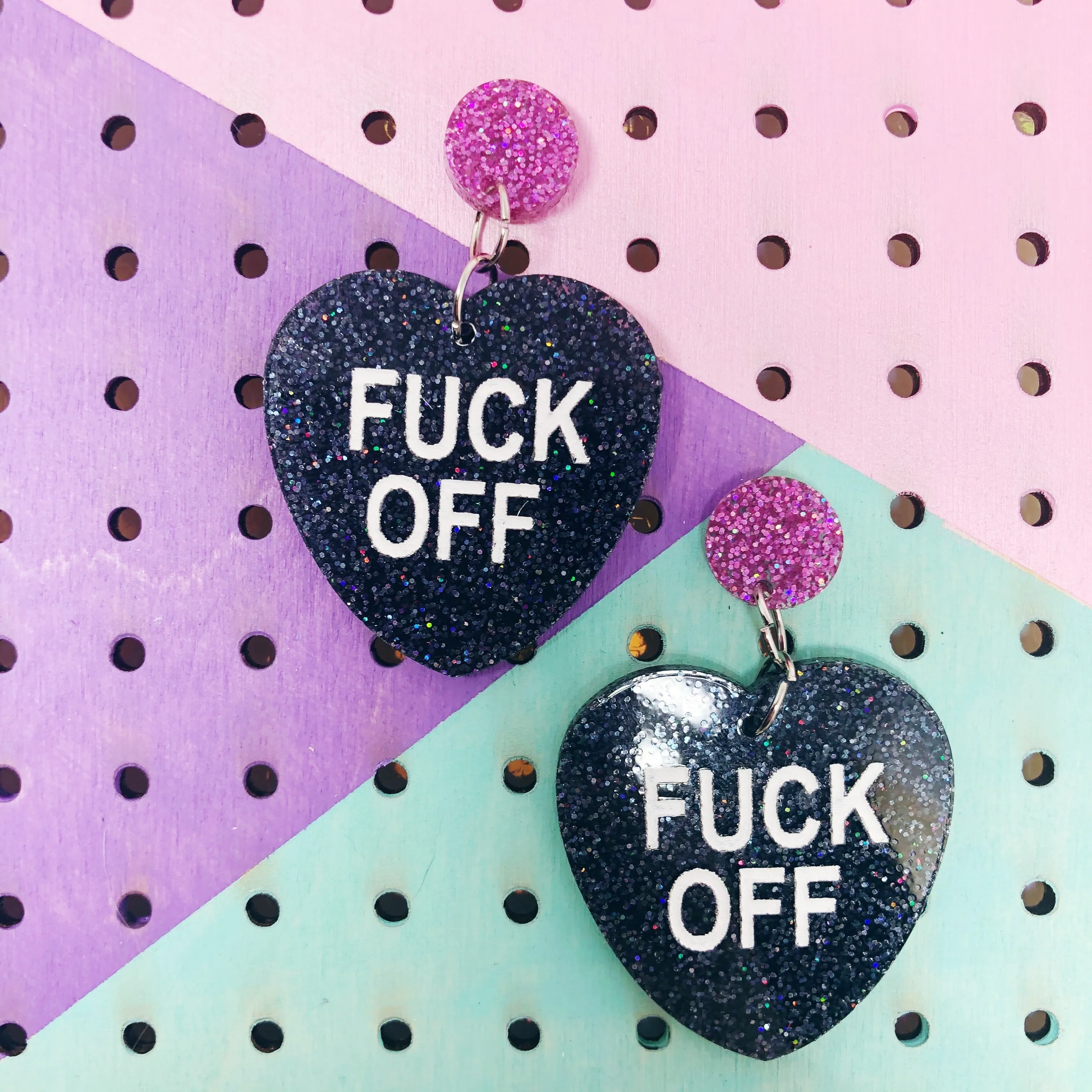 Valentines Day Fuck Off Glitter Heart Conversation Dangle Earrings