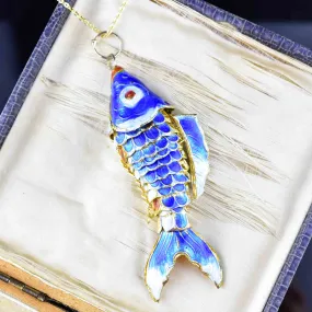 Vintage Articulated Blue Enamel Large Fish Pendant Necklace