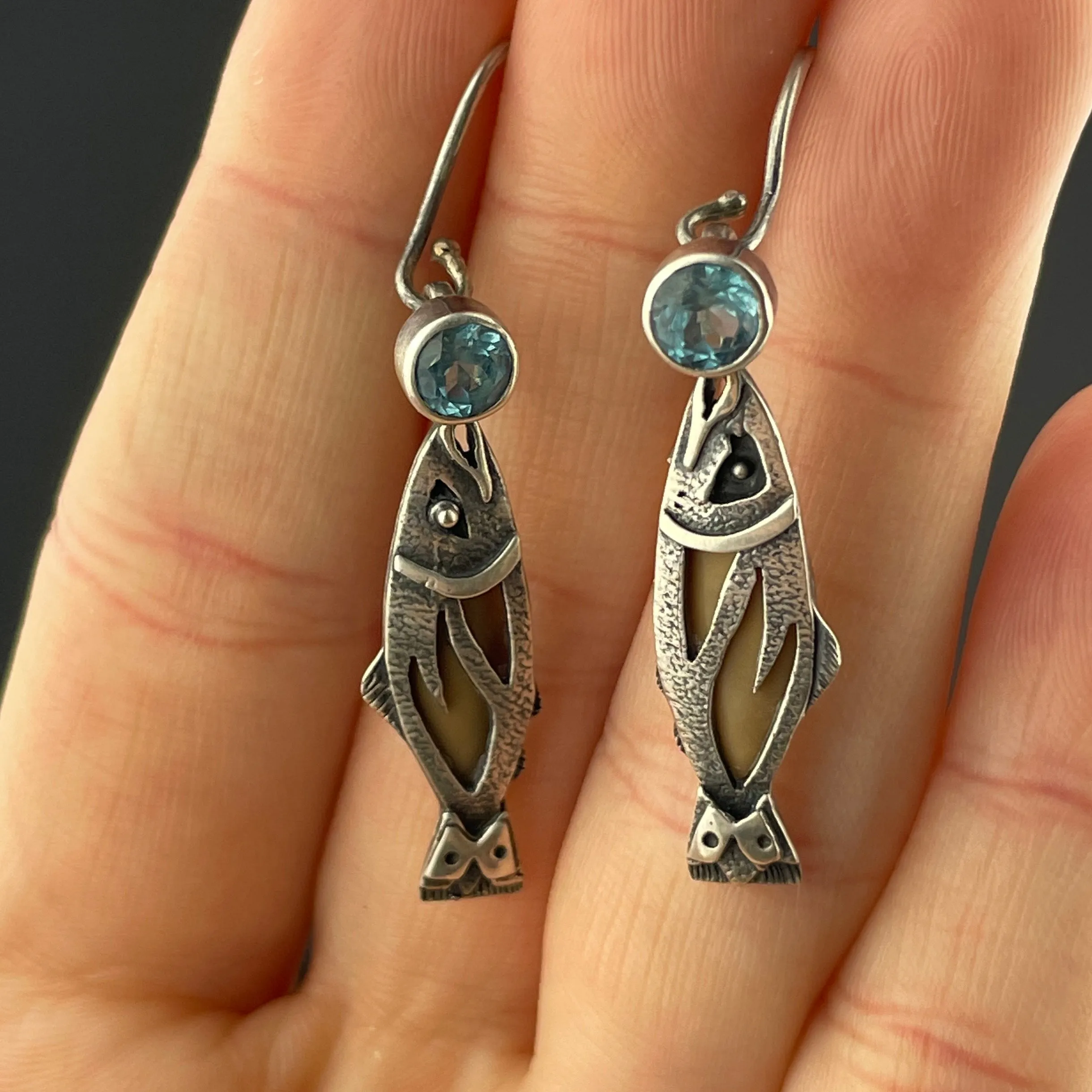 Vintage Blue Topaz Silver Fish Dangle Earrings