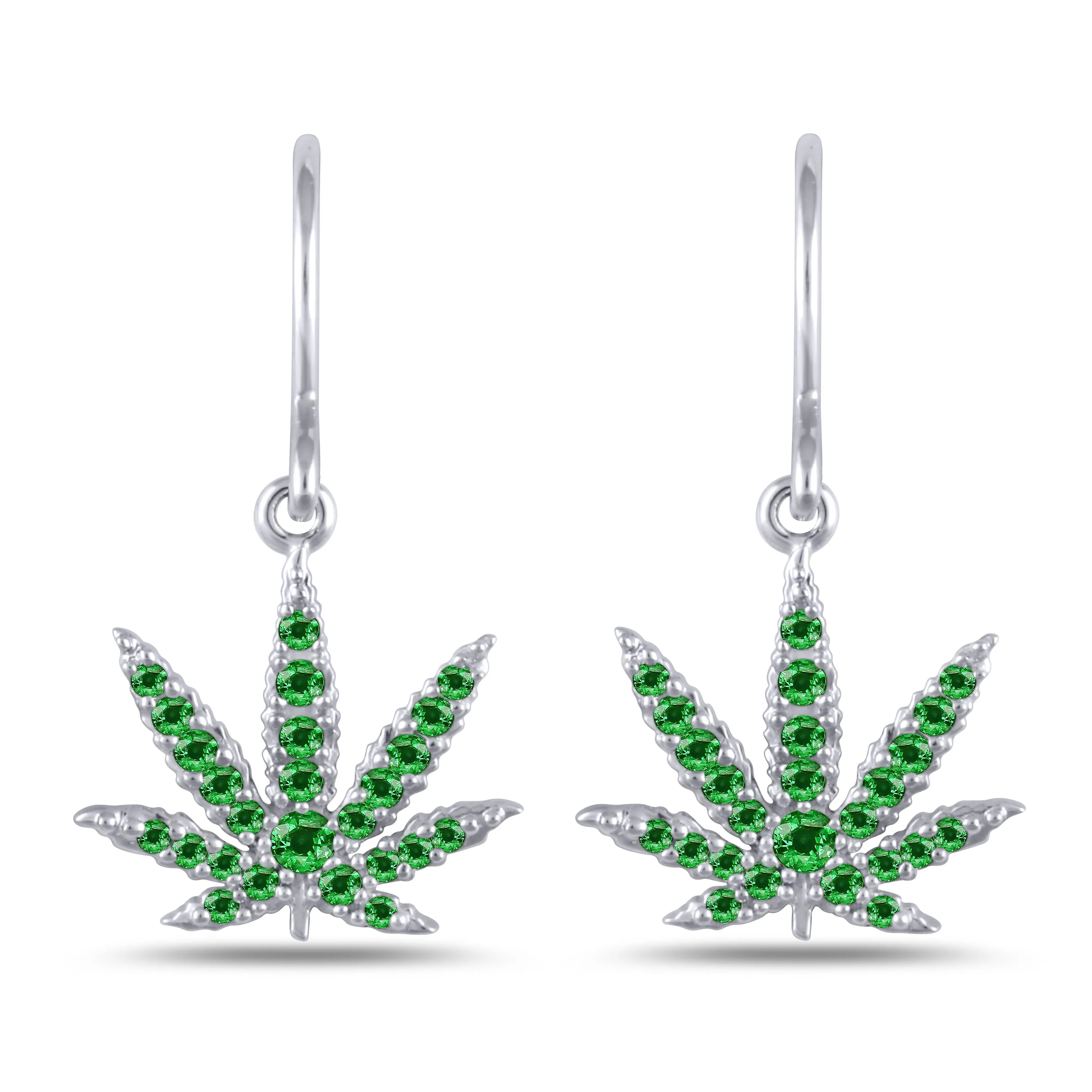 White Gold Sativa Leaf Hook Earrings with Green Garnet Gemstones