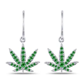 White Gold Sativa Leaf Hook Earrings with Green Garnet Gemstones